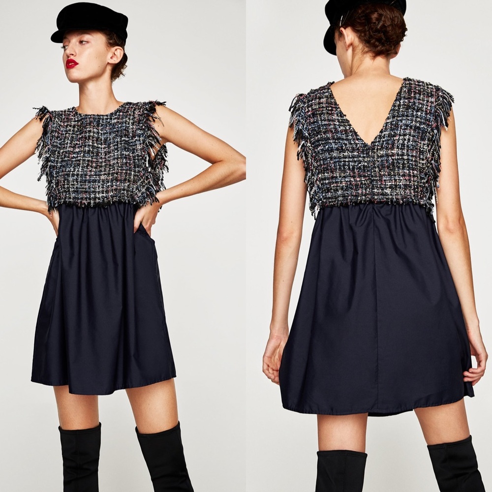 Zara Navy and Multicolor Tweed Mini Dress